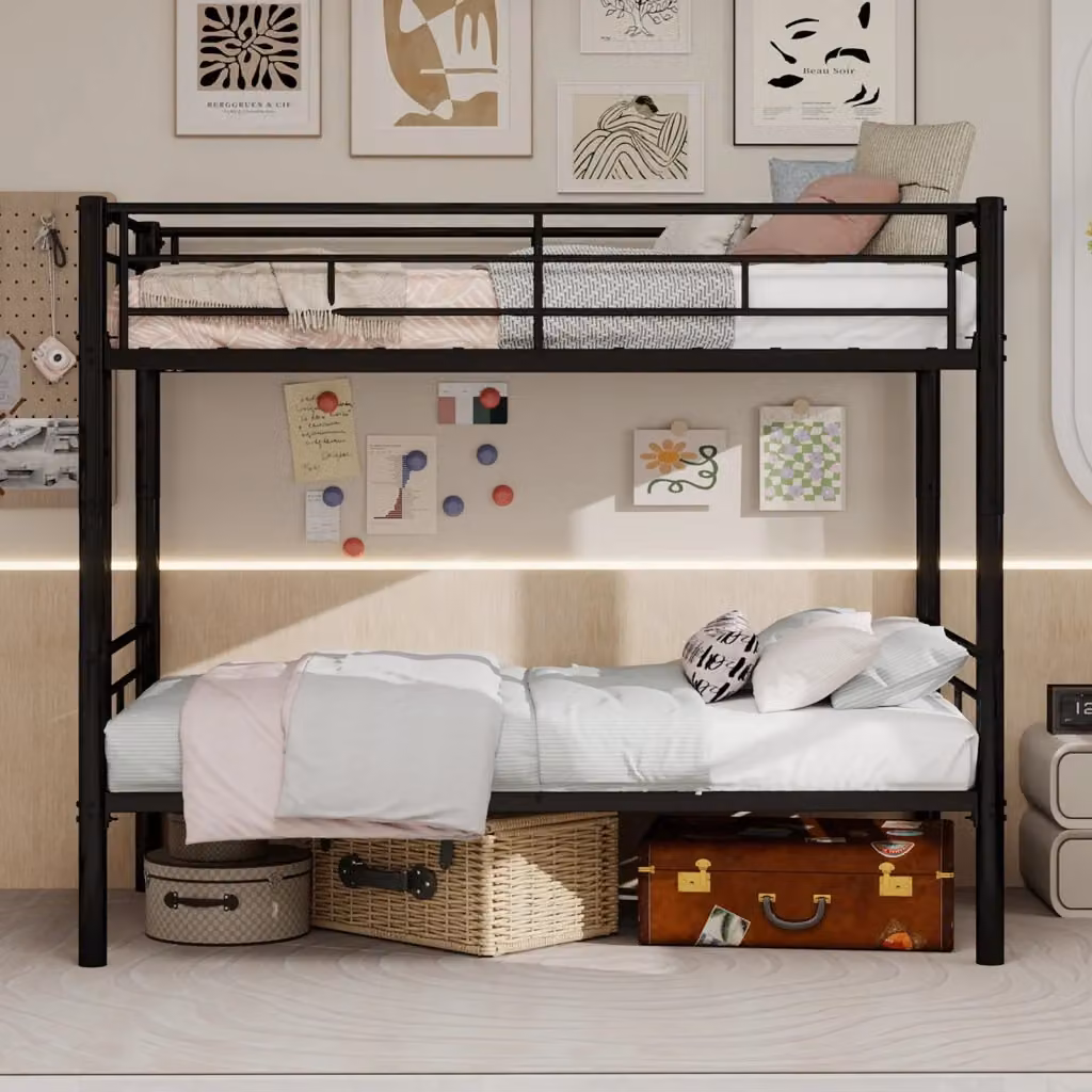 Letto a castello Chicfurn in metallo nero con scala antiscivolo e barriere, divisibile in 2 letti singoli, senza materasso, L: 196 cm, P: 103 cm, H: 156 cm – 2