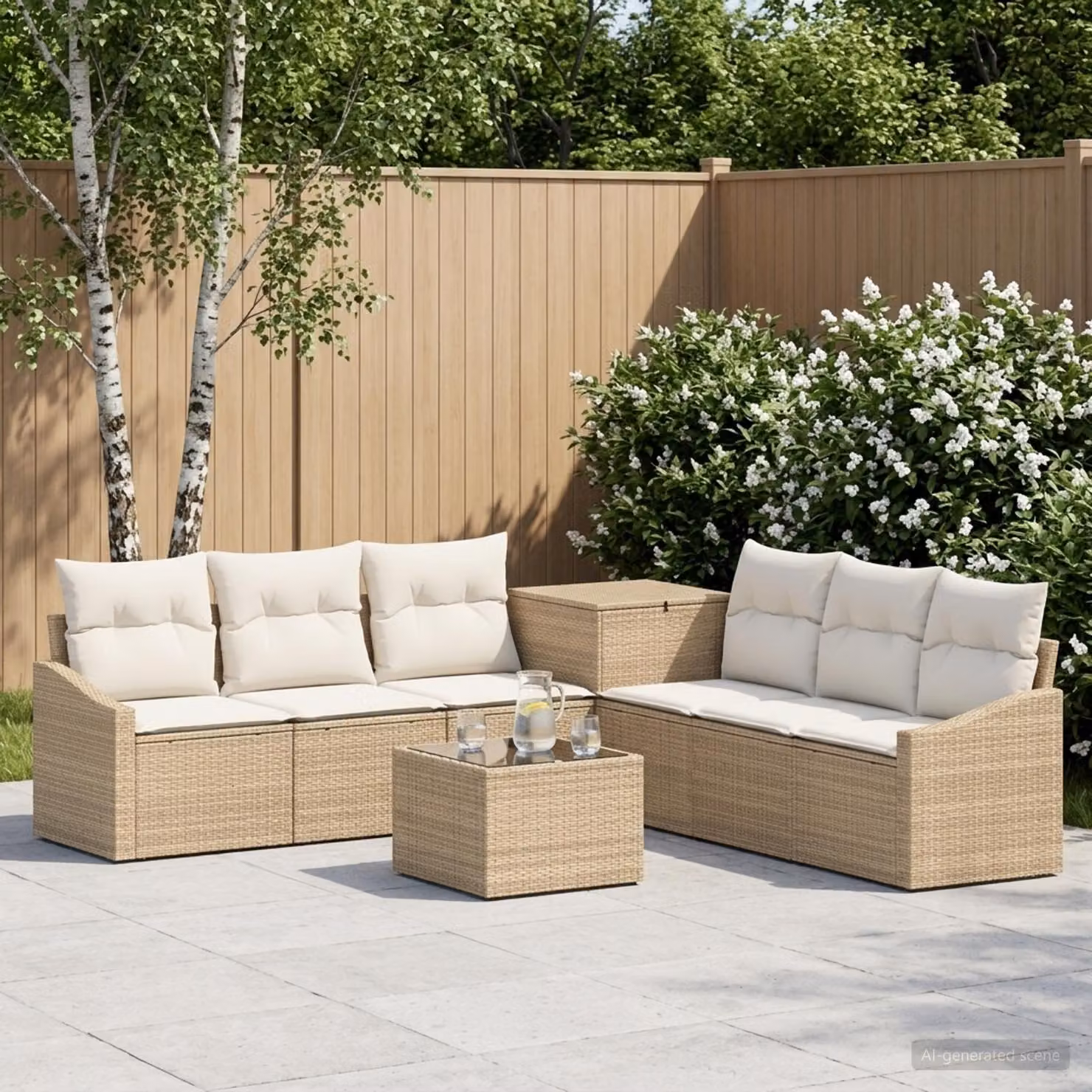 Set di divani da giardino vidaXL a forma di U in polyrattan con tavolino e cuscini, Beige e Bianco Crema