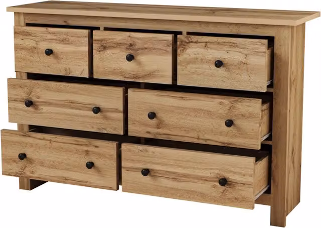 Buffet moderno in stile country con 7 cassetti, armadio in truciolato color legno naturale, 152x40x89 cm