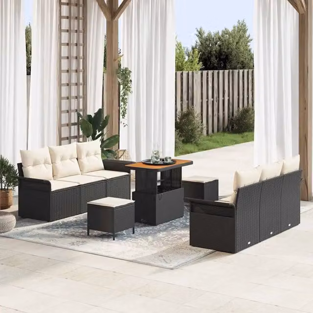 Set Divano da Giardino 9 pz 8-Numero di posti Nero e Crema 3364040