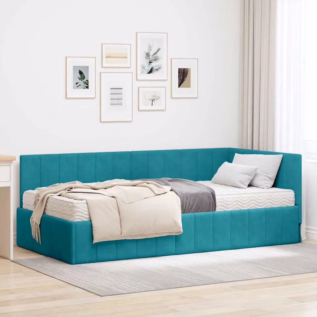 vidaXL Struttura Letto Angolare in Velluto Turchese con 2 Materassi in Schiuma L/P/H: 190 x 140 x 94 cm – 1