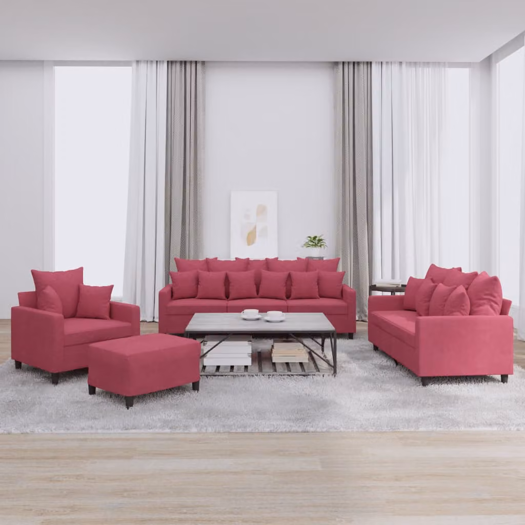 Set di divani vidaXL 4 pezzi in velluto rosso con cuscini, composto da divano a 3 posti, divano a 2 posti e pouf per il tuo soggiorno moderno – 1