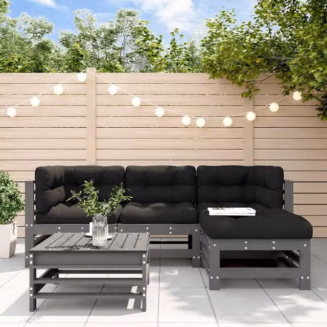 Set di Divani da Giardino a L con vidaXL, 5 Pezzi in Legno Massello di Pino Trattato con Cuscini Grigio e Nero – 1