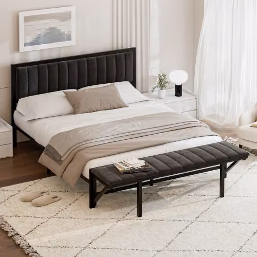 Letto imbottito AIORBER, 140x200 cm, con poggiapiedi pieghevole, ampio spazio di archiviazione, velluto, morbido e confortevole, letto matrimoniale, struttura del letto in ferro, robusto, nero