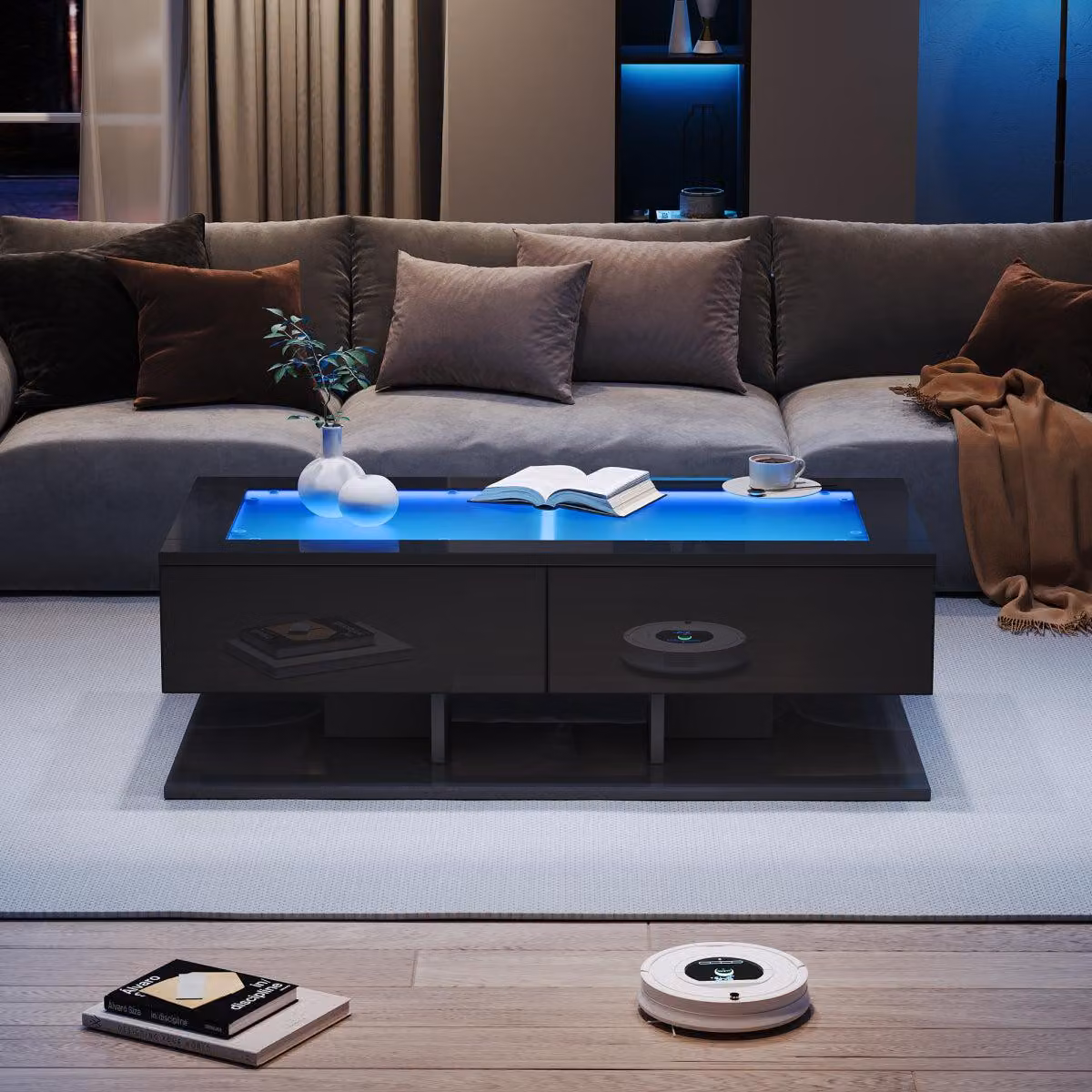 Tavolino nero lucido 100 x 50 x 35 cm con piano in vetro e LED, 2 cassetti, USB, max. 45 kg