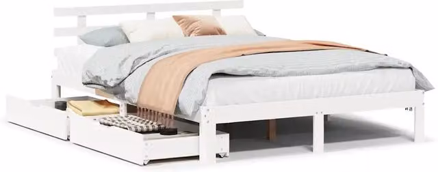 Letto matrimoniale | Letto per adulti | Giroletto con Cassetti Bianco 150x200 cm Legno Massello di Pino
