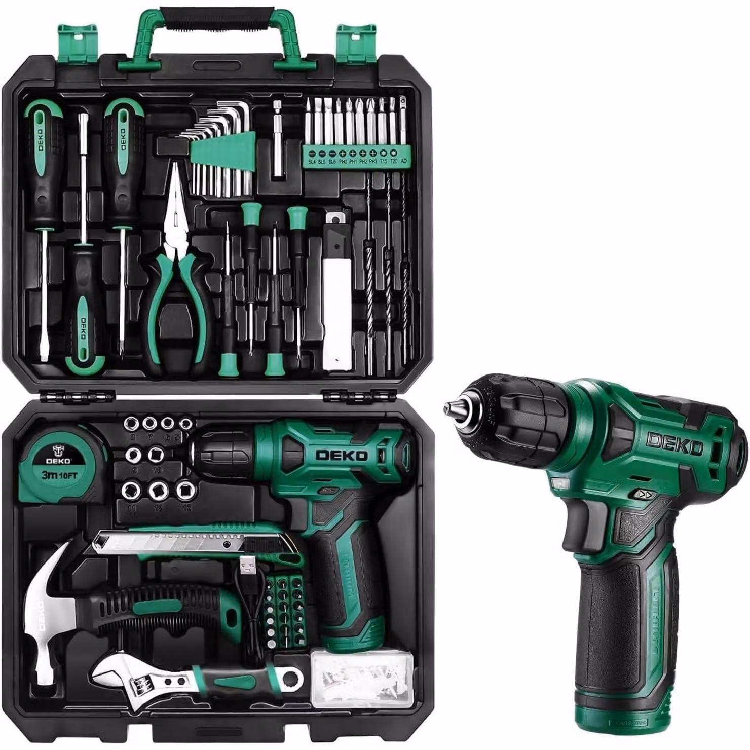 Valigetta utensili completa, 126 pezzi, con avvitatore a batteria da 8V, colore verde