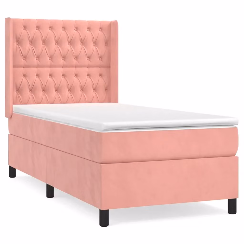 vidaXL Giroletto a Molle con Materasso in Velluto Rosa e Bianco, L/P: 100 x 200 cm – 2