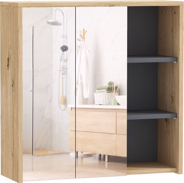 Mobile Bagno con Specchio HOMCOM con 2 Ante e Scomparto Aperto, Colore Naturale, L: 60 cm, P: 20 cm, H: 60 cm
