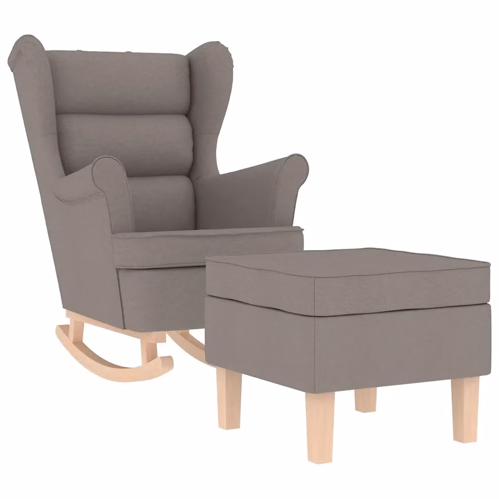 Poltrona a Dondolo con Poggiapiedi vidaXL in Tessuto Beige e Grigio con Struttura in Legno di Gomma – 2