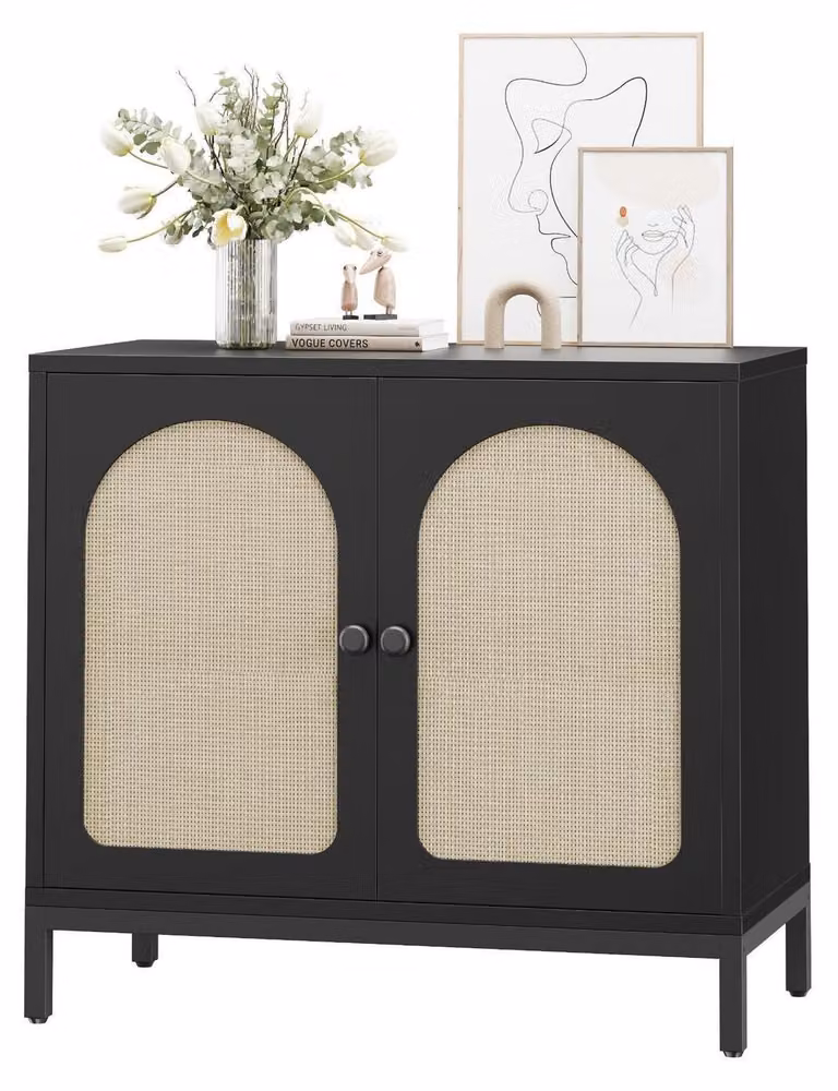 Mobile contenitore a buffet con 2 ante in rattan, colore nero, dimensioni 80x40x72 cm, realizzato in materiale composito di legno