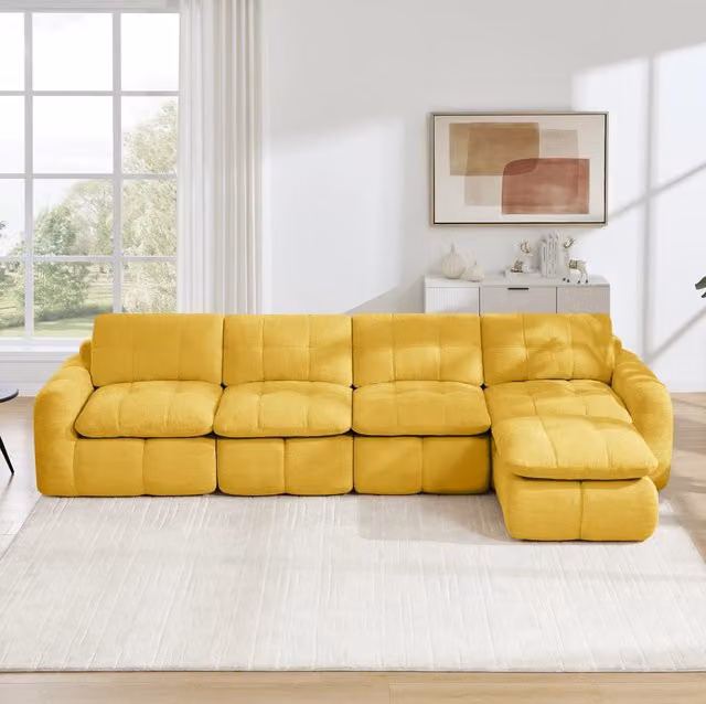 Divano modulare angolare a L 4 posti con pouf 334x160x68 cm in chenille gialla