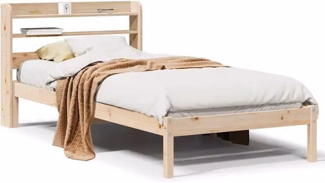Letto singolo per adulti in legno massello di pino grezzo con doghe in legno, L/P/H: 75 x 190 x 82 cm