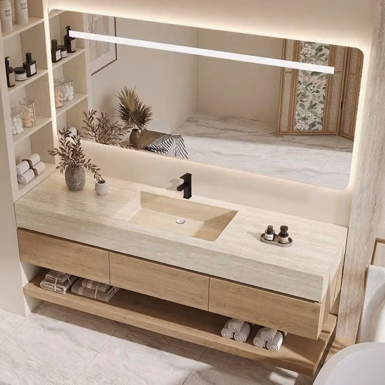Set lavabo sospeso - Pietra sinterizzata - Effetto travertino, con specchio, mobile sottolavabo, ripiano e scarico, con foro per rubinetteria 150×55 cm【YT9865-150 K】