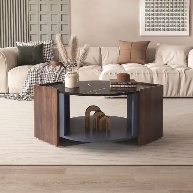 Tavolino da caffè MINIMAL MY con design moderno per soggiorno, effetto marmo e noce, colori nero e marrone, L/P/H: 63 x 63 x 40 cm