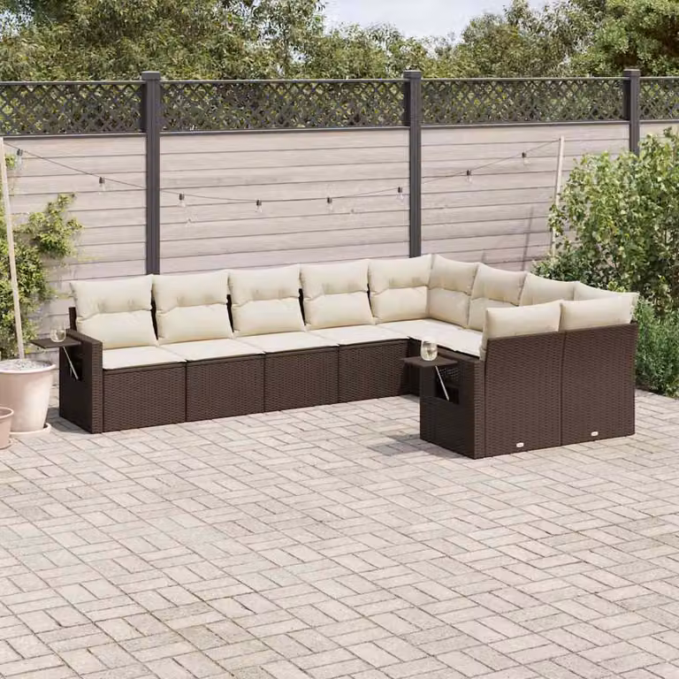 vidaXL Set di Divani da Giardino a L in Polyrattan Marrone con Cuscini Bianchi