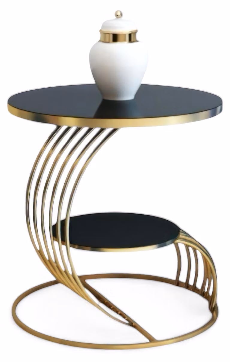 Tavolo di design con piano rotondo e struttura curva dorata