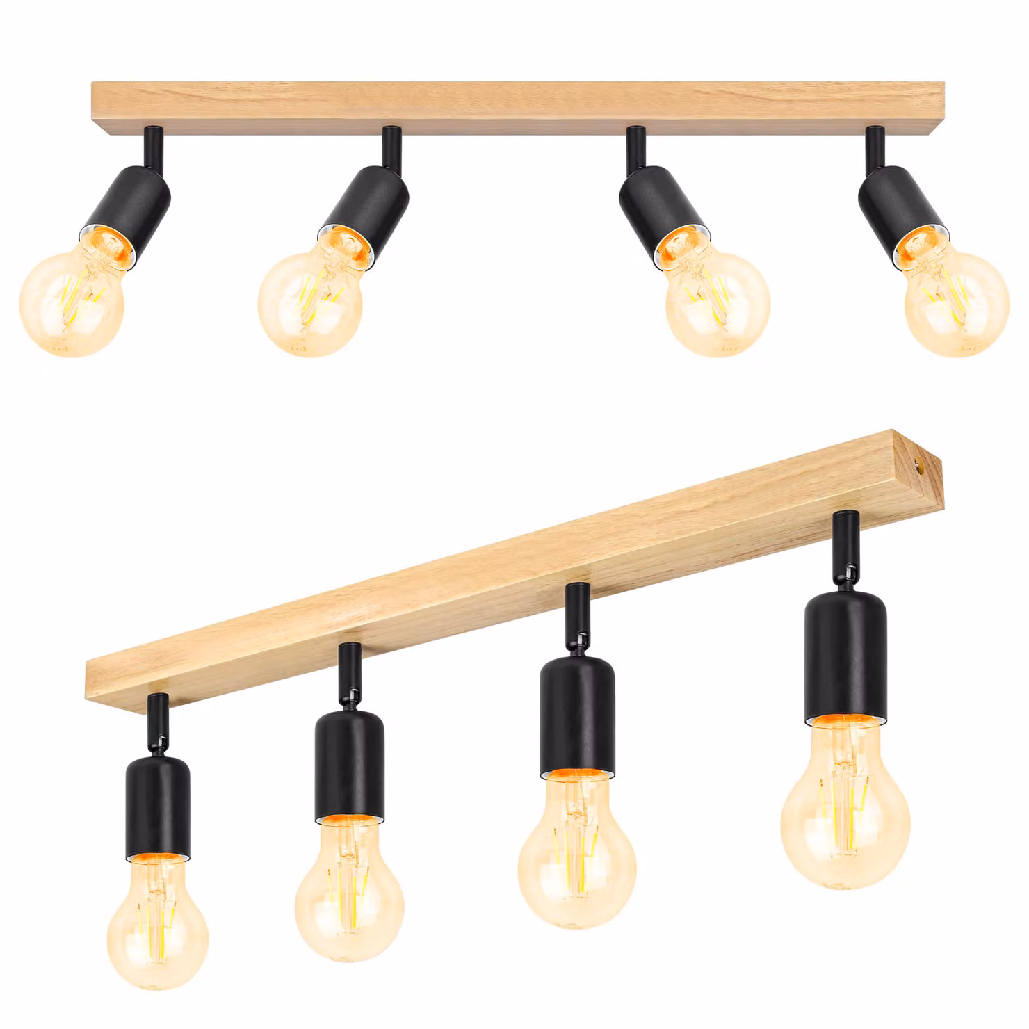 MasterLED Lampada da soffitto in legno nero a 4 luci E27 Faretto da soffitto orientabile Lampada da soffitto Vintage Illuminazione interna