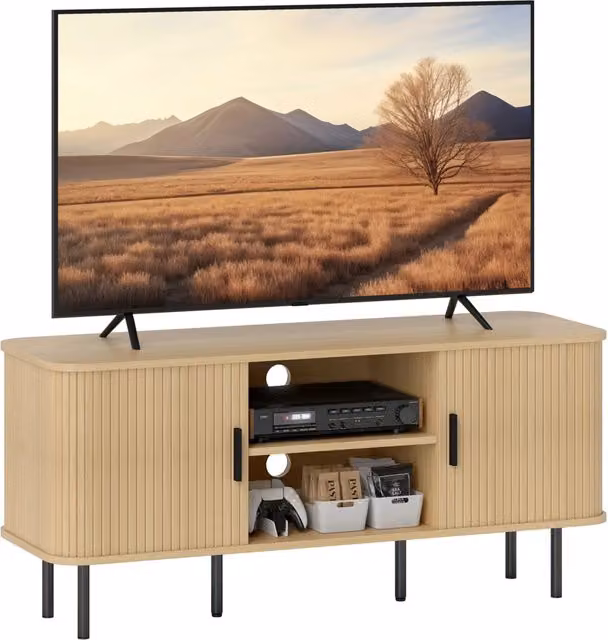Mobile TV Minimal con ante scorrevoli a persiana e 2 ripiani aperti, colore rovere, L 120 cm x P 40 cm x H 55 cm