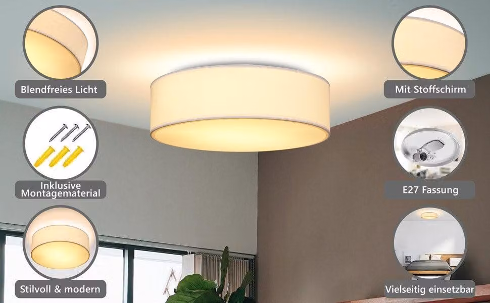 Lampada da soffitto 30 cm bianca, attacco E27, facile installazione, luce antiabbagliamento