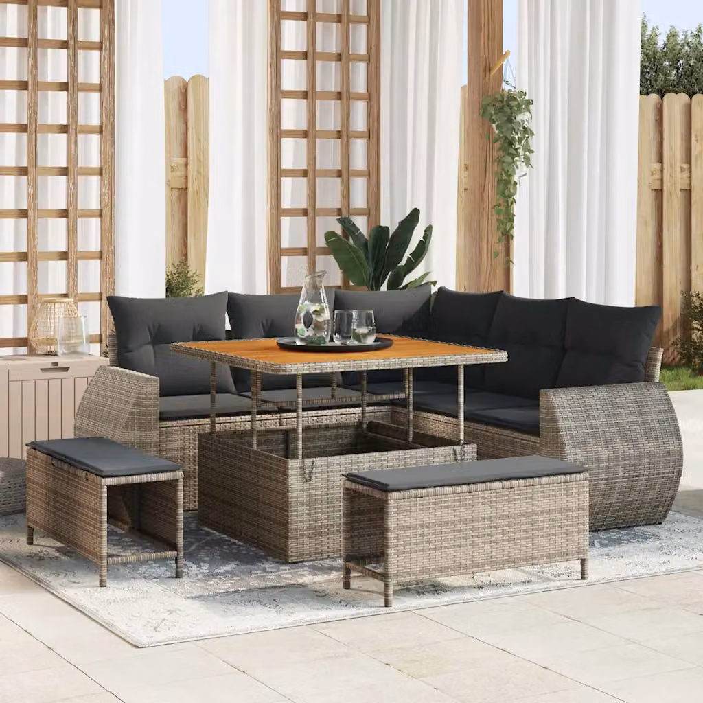 Set Divano da Giardino vidaXL a L in Polyrattan Grigio con 8 Pezzi e Cuscini – 1