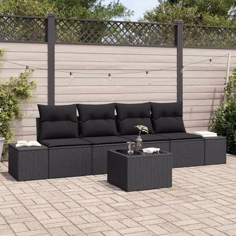 Set di divani da giardino vidaXL 5 pezzi in rattan nero con cuscini e tavolino da esterno