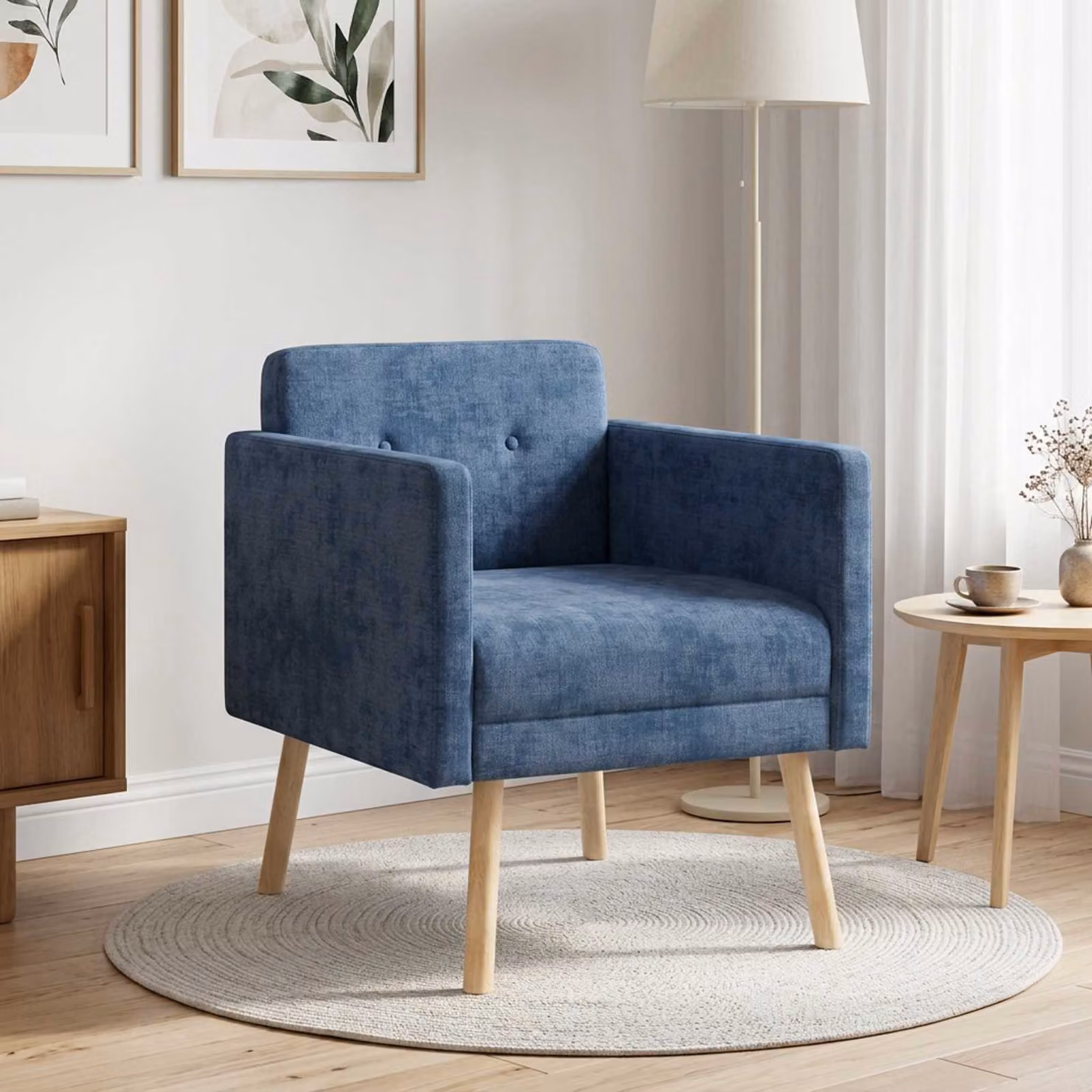 Sedia d'accento moderna vidaXL in tessuto blu con braccioli e struttura in legno
