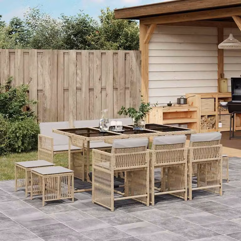 vidaXL Set da Pranzo da Giardino 11 pz in Polyrattan con Cuscini Beige e Piano in Vetro