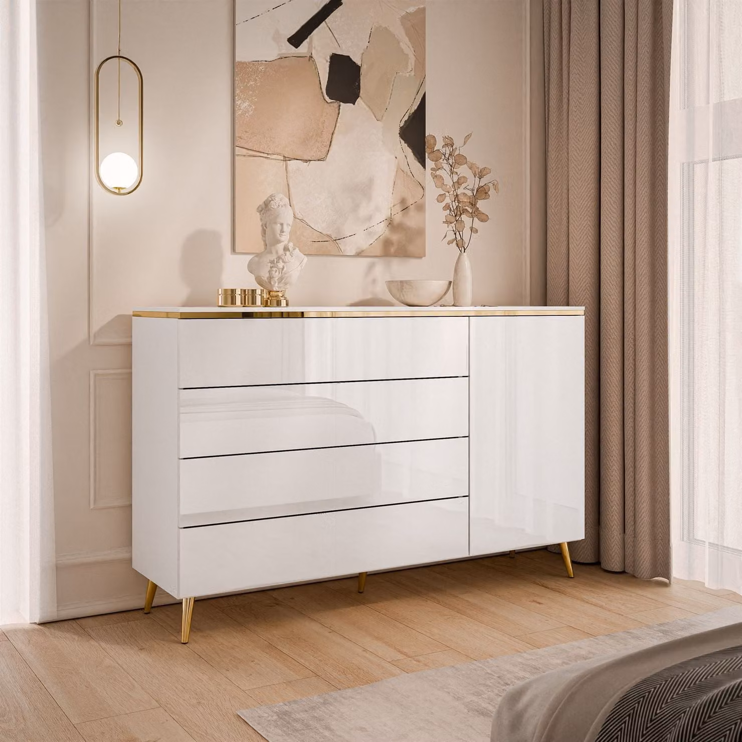 AURORA Comò con cassetti Bianco / Bianco lucido su gambe, gambe inclinate oro cromato