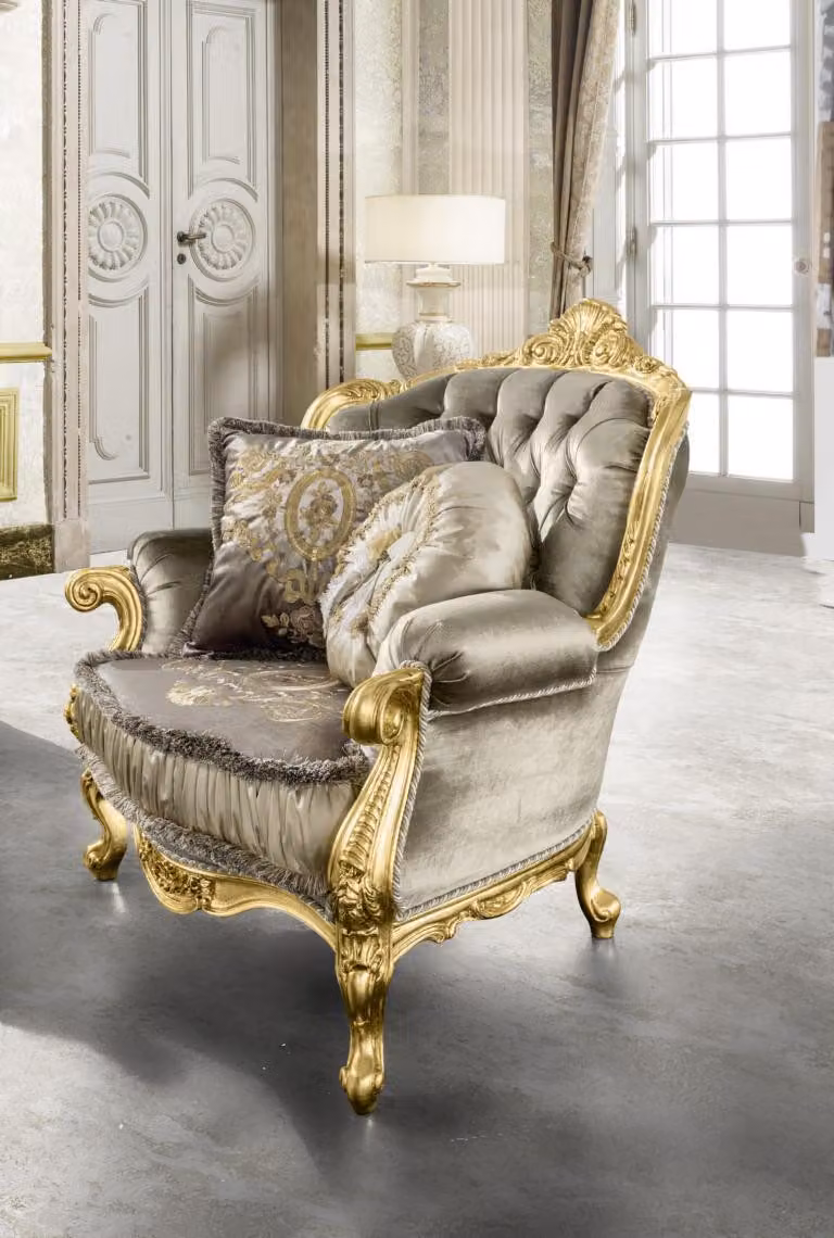 Sessel Relax Stoff Lounge Club Polster Design Couch Sofa Sitzer Luxus Gold