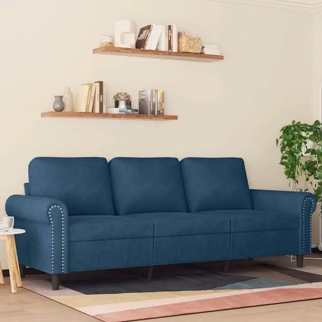 Divano a 3 posti moderno vidaXL in velluto blu con struttura in metallo per il tuo soggiorno L: 212 cm, P: 80 cm, H: 77 cm