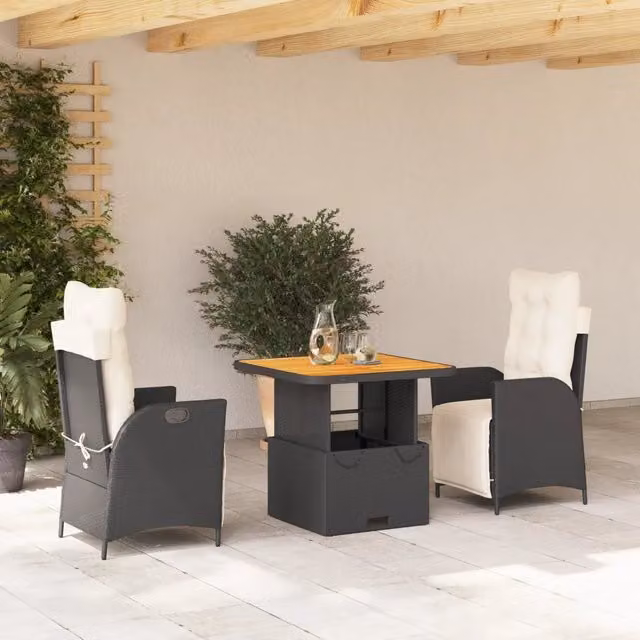 Set da Pranzo da Giardino 3 pz con Cuscini Nero in Polyrattan 3277435