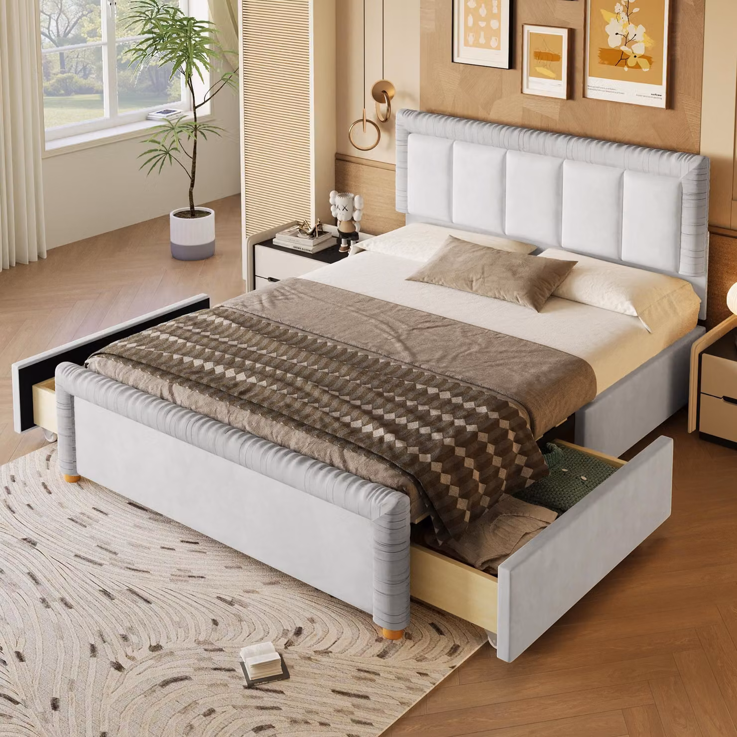 Letto imbottito MODFU 140x200, in velluto, matrimoniale con testiera imbottita, struttura letto per ragazzi con 2 cassetti e piedi in legno, letto contenitore, senza materasso, colore grigio