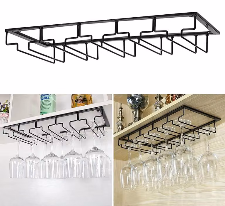 Portabicchieri per bicchieri da vino, dimensioni 50 x 22,5/5 cm, metallo nero, per la cucina