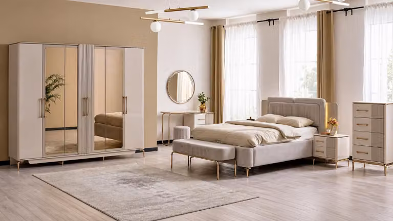 Set per camera da letto completo di letto, armadio, comò e tavolino da trucco