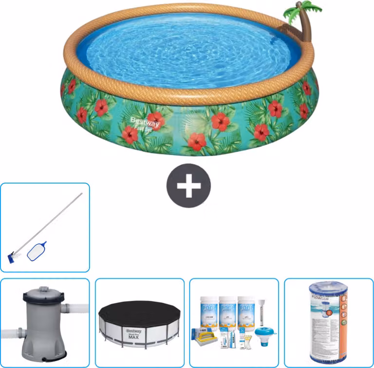 Piscina gonfiabile rotonda Bestway ad ambientazione rapida - Paradise Print - 457 x 84 cm - inclusa copertura della pompa - pacchetto di manutenzione - filtro - kit di pulizia