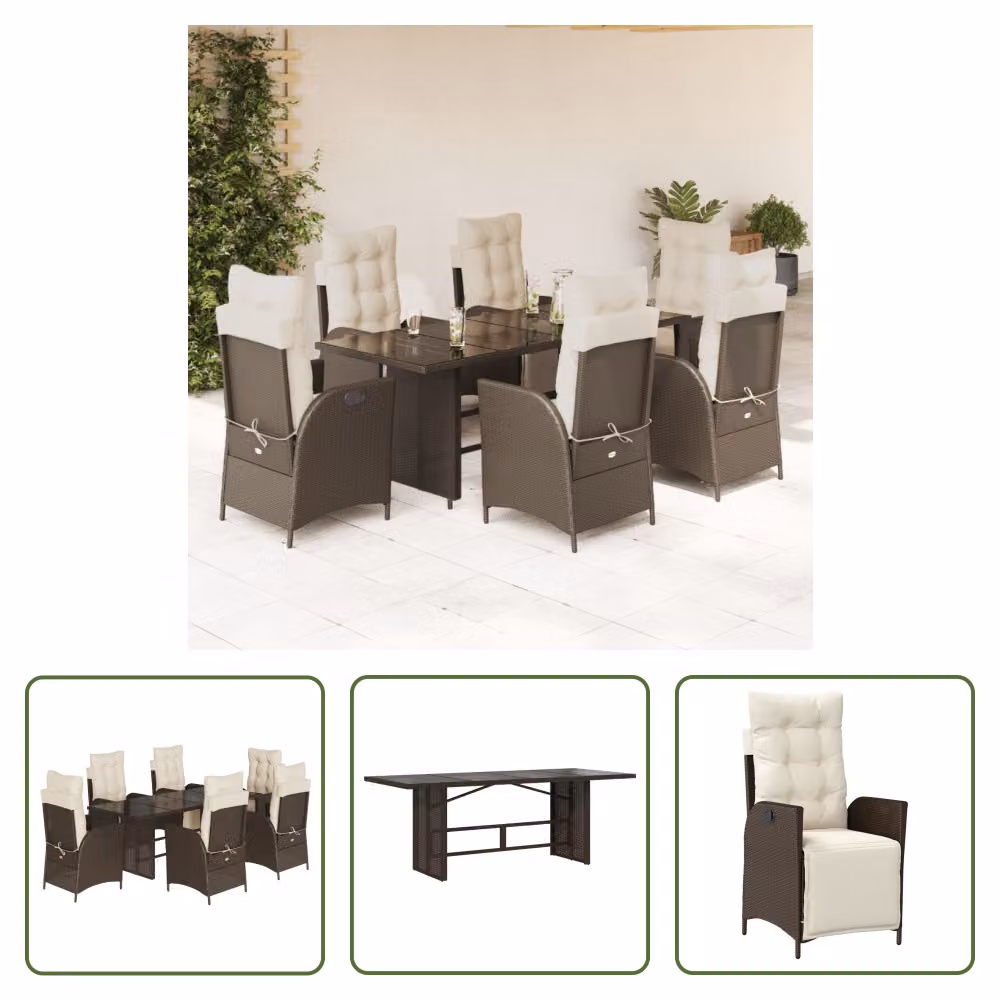 The Living Store Set da pranzo da giardino 7 pezzi con cuscini in polirattan marrone