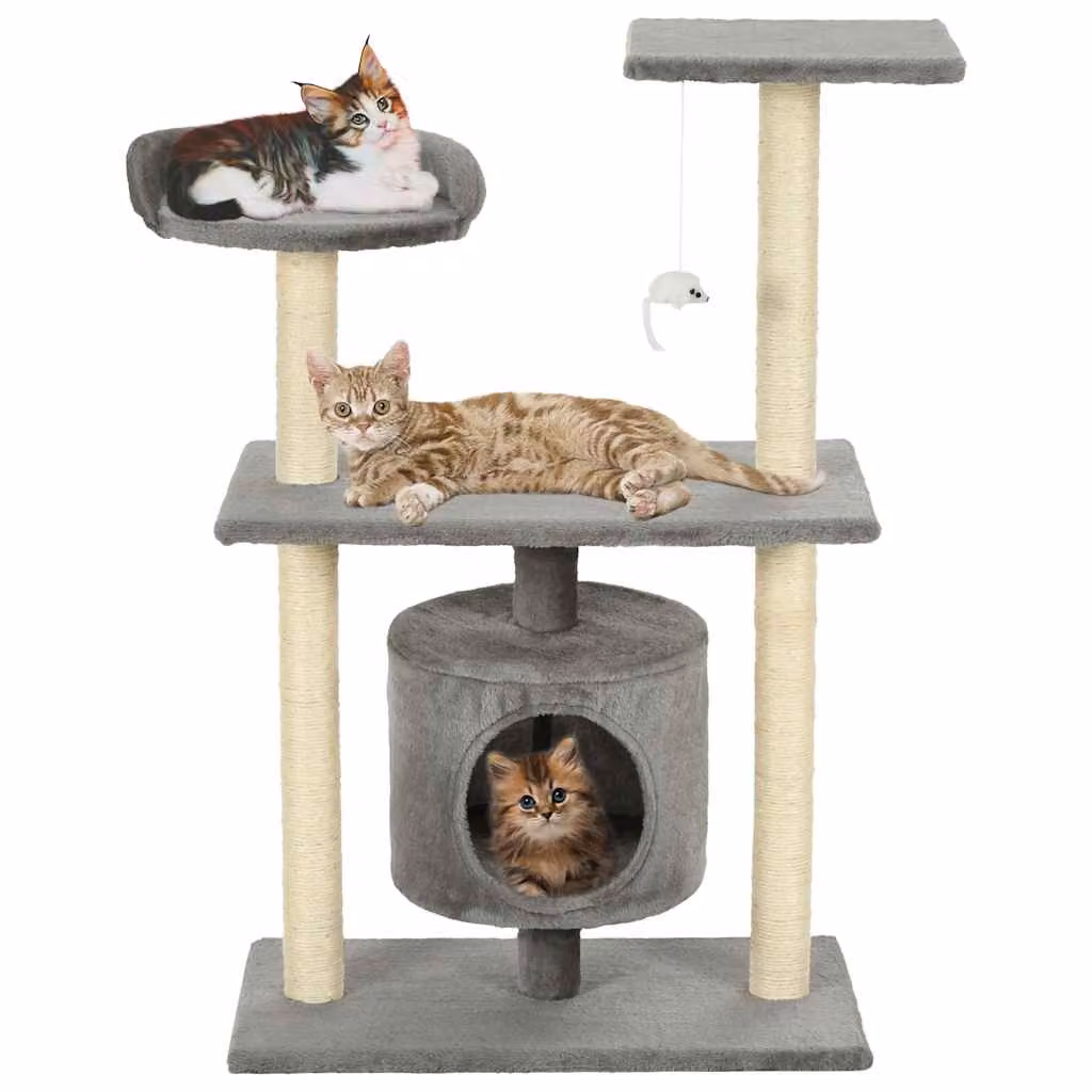Albero per gatti vidaXL con tiragraffi in sisal, cave e giocattoli integrati, Grigio, Altezza: 95 cm