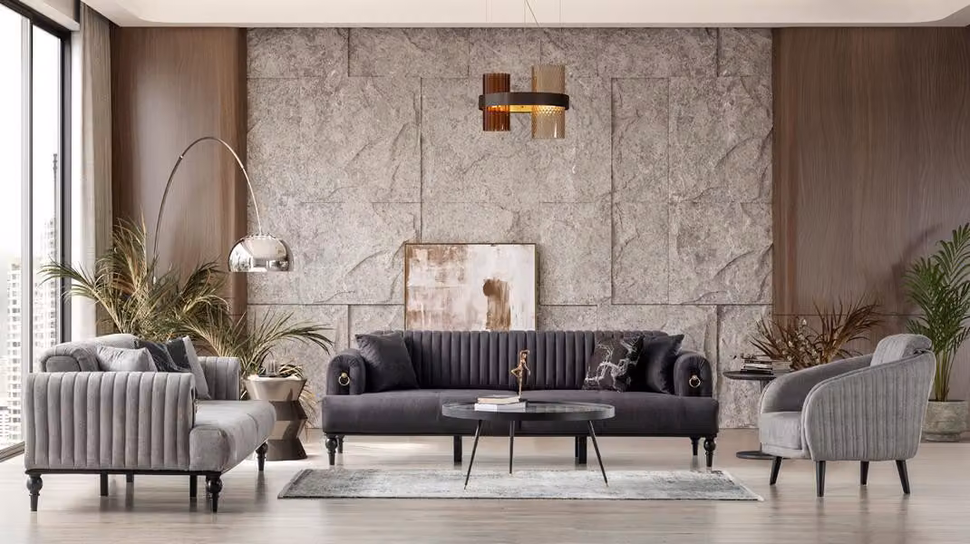 Elegante Sofagarnitur 3+3+1 Sitzer Luxuriöse Wohnlandschaft Stil Komfort Grau