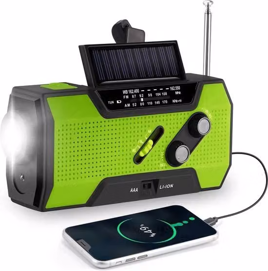 Radio Solare Opwindabile con Batteria Portatile e Funzioni AM/FM, Colore Verde