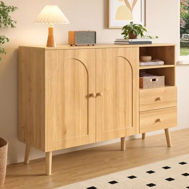 Madia Mivray con ante curve, 2 cassetti e vani aperti, beige e marrone, L 118 x P 35 x H 82 cm