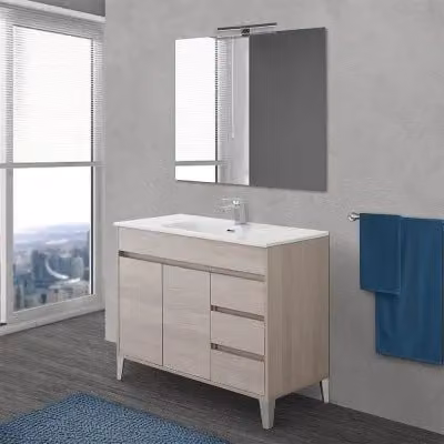 Mobile bagno freestanding Way beige con specchio e lavabo, design moderno con ante soft-close e cassetti interni