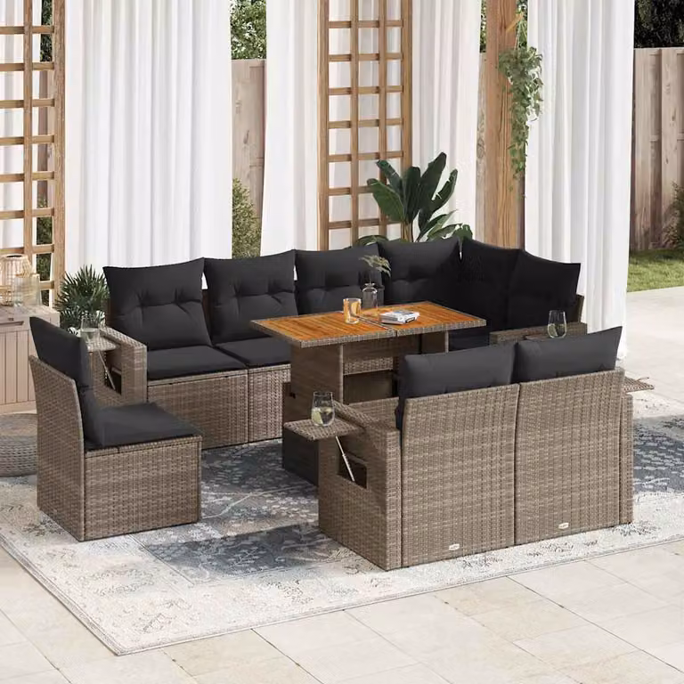Set Divano da Giardino vidaXL 9 pz con Tavolino e Cuscini Grigio in Polyrattan e Legno di Acacia