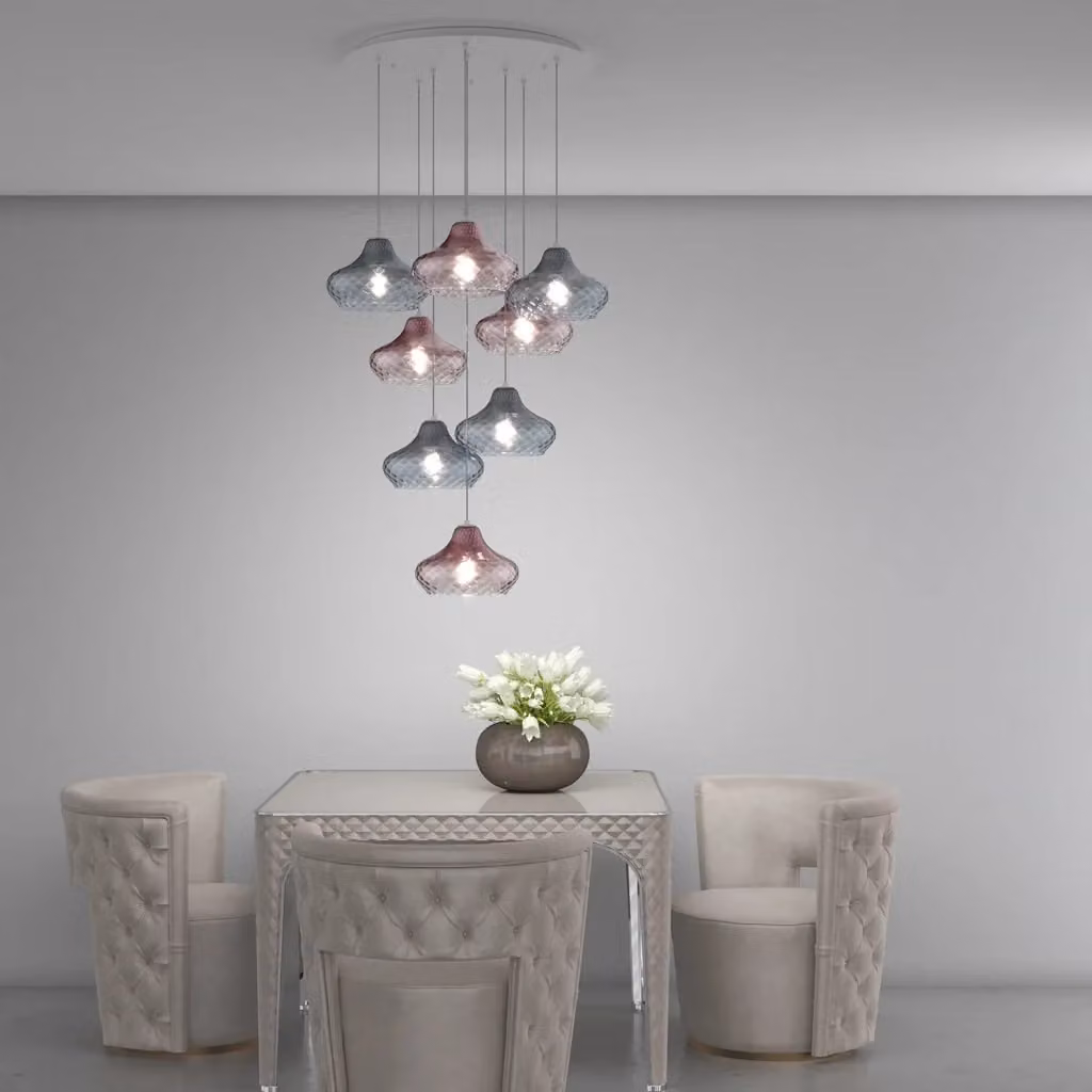 Lampadario Sospeso Contemporaneo Dress in Metallo Bianco e Vetro Zaffiro Ruggine con 8 Luci E27 – 2