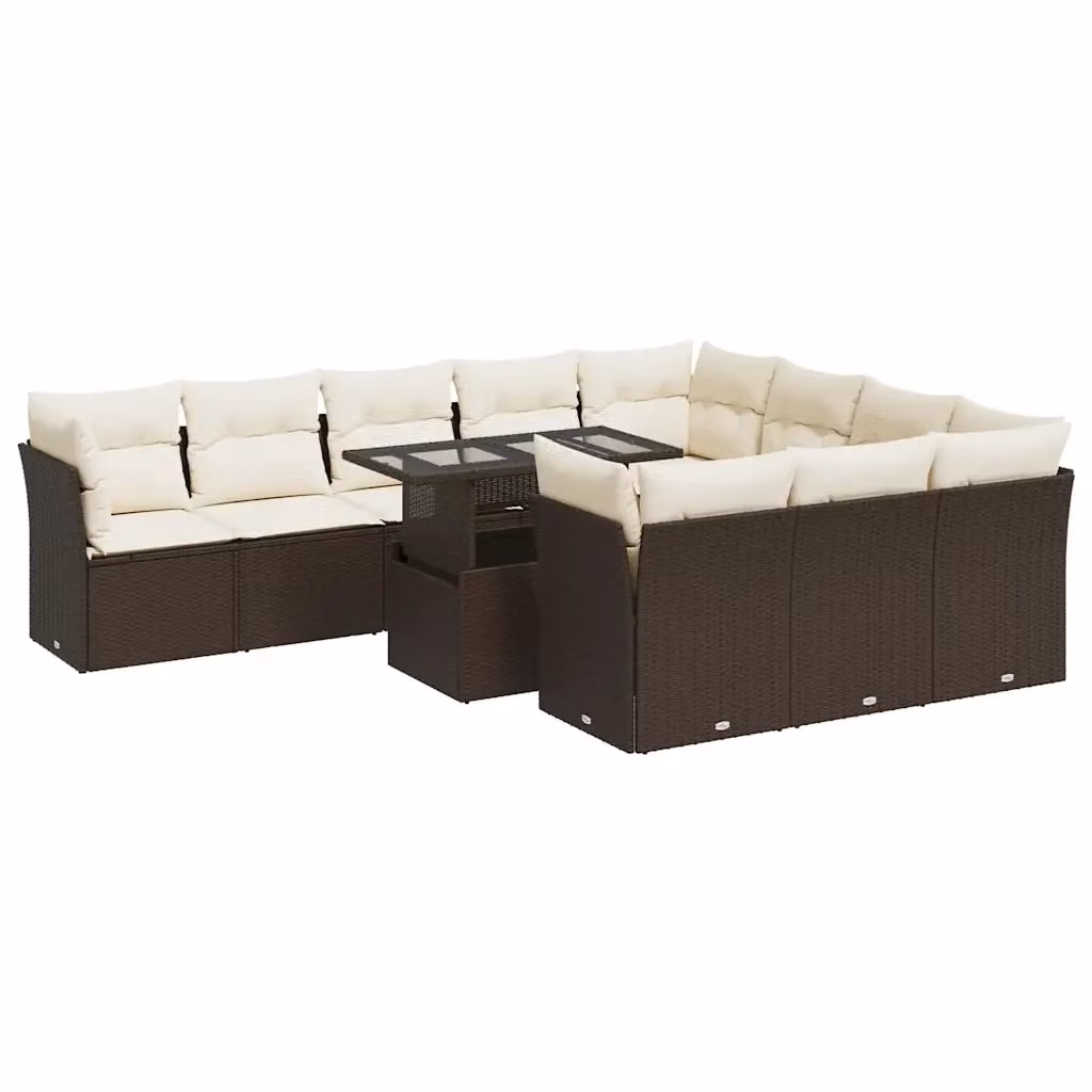 Set di Divani da Giardino a Forma di U vidaXL con 11 Pezzi, Polyrattan Marrone e Bianco, con Cuscini e Tavolino da Caffè in Vetro – 2