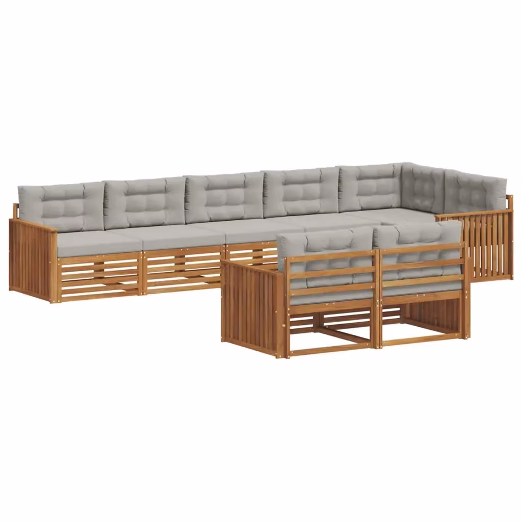 Set di divani da esterno a L vidaXL in legno di acacia con cuscini, 8 pezzi, Grigio e Marrone – 2