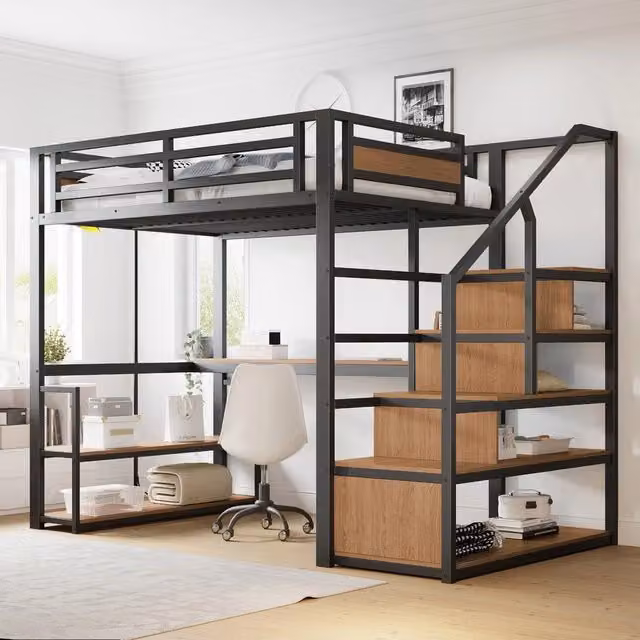 Letto a Soppalco in Metallo con Contenitore, Scaffali e Tavolo ¨C MINIMAL ¨C Nero 140x200
