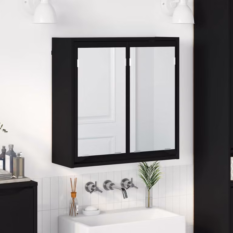 Mobiletto da bagno con specchio e ante in vetro vidaXL Nero L 60 cm x P 20 cm x H 60 cm