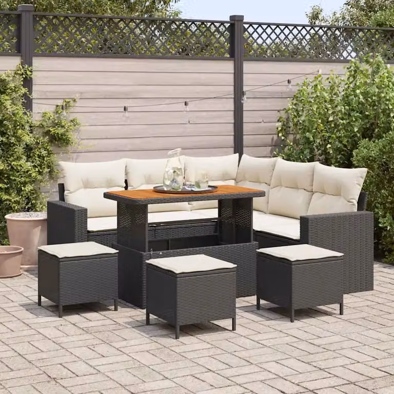 Set Divano da Giardino vidaXL 10 Pezzi a Forma di L con Tavolino e Pouf, Colore Nero e Beige