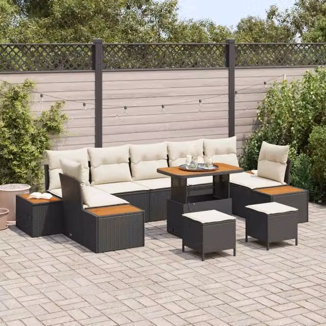 Set da giardino vidaXL composto da 10 pezzi con divano da esterno, tavolino da caffè e pouf, colore nero e beige, con struttura in acciaio e legno di acacia e cuscini inclusi – 1